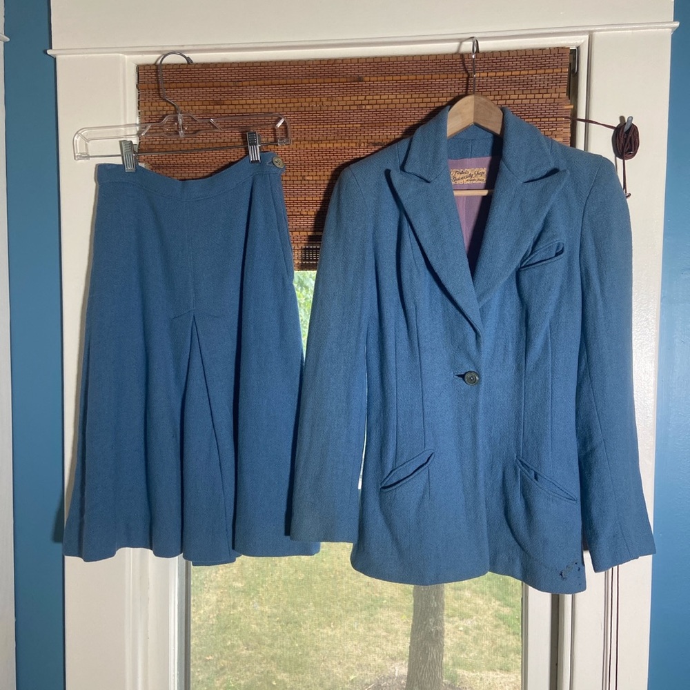 1940s Vintage Blue wool and rayon suit jacket and matching skirt set
